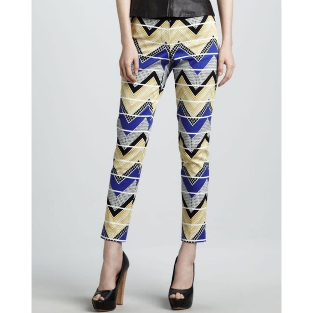 Trina Turk Monie Skinny Capri Pants Blue & Gold Herringbone  Size 4